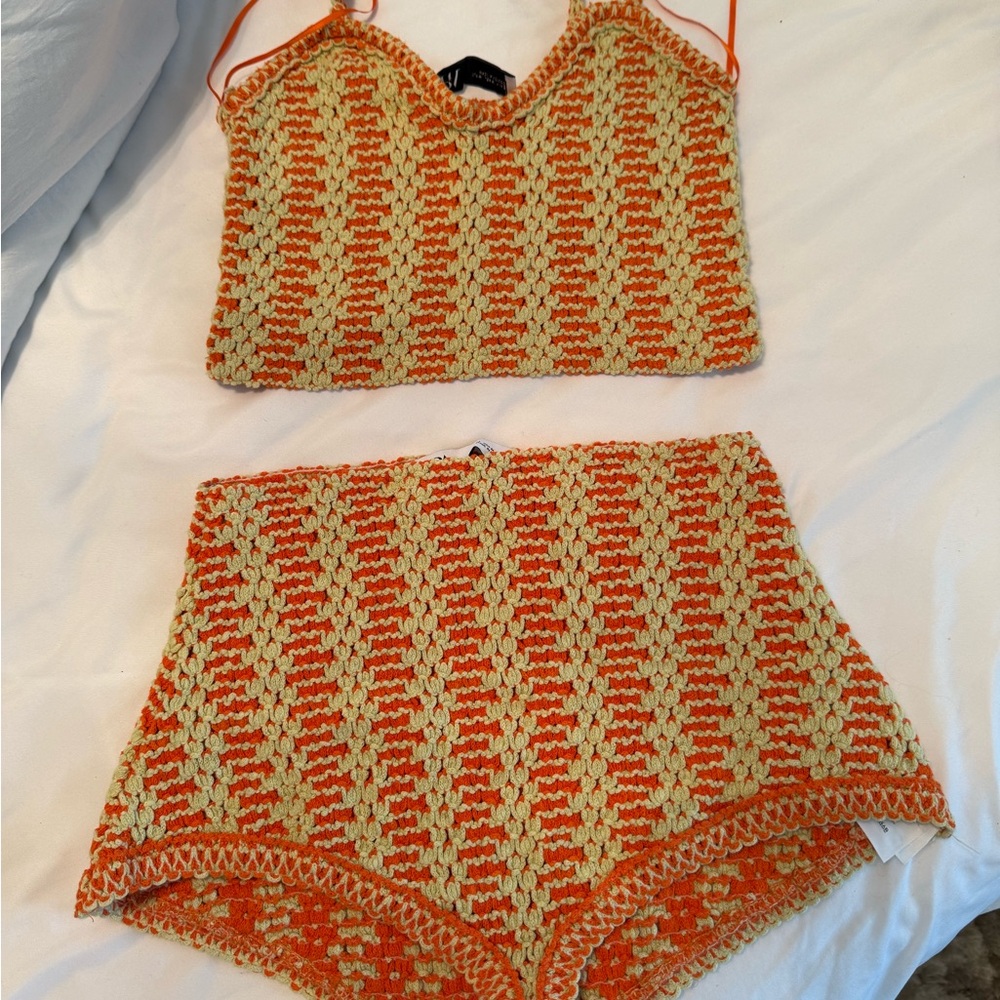 Zara Orange and Cream Knit Pajama Set